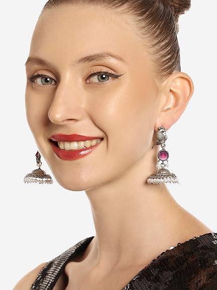 Zaveri Pearls Purple Peacock Silver Oxidised Stones & Beads Traditional Jhumki Earring For Women-ZPFK16699