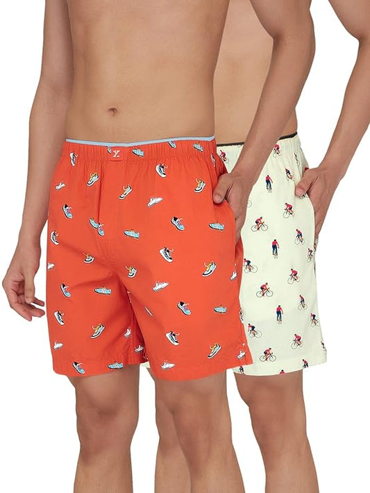 XYXX Men's Renew Super Combed Cotton Regular Fit Printed Boxer Shorts with No Marks Waistband & Dual Side Pocket (Pack of 2)