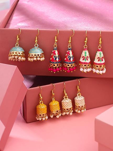 Yellow Chimes Meenakari Jhumka Earrings for Women | Traditional Small Jhumki Earrings Set for Girls | Combo Sets Jhumkas Ethnic Gold Plated Women Earrings | Birthday Gift For Girls