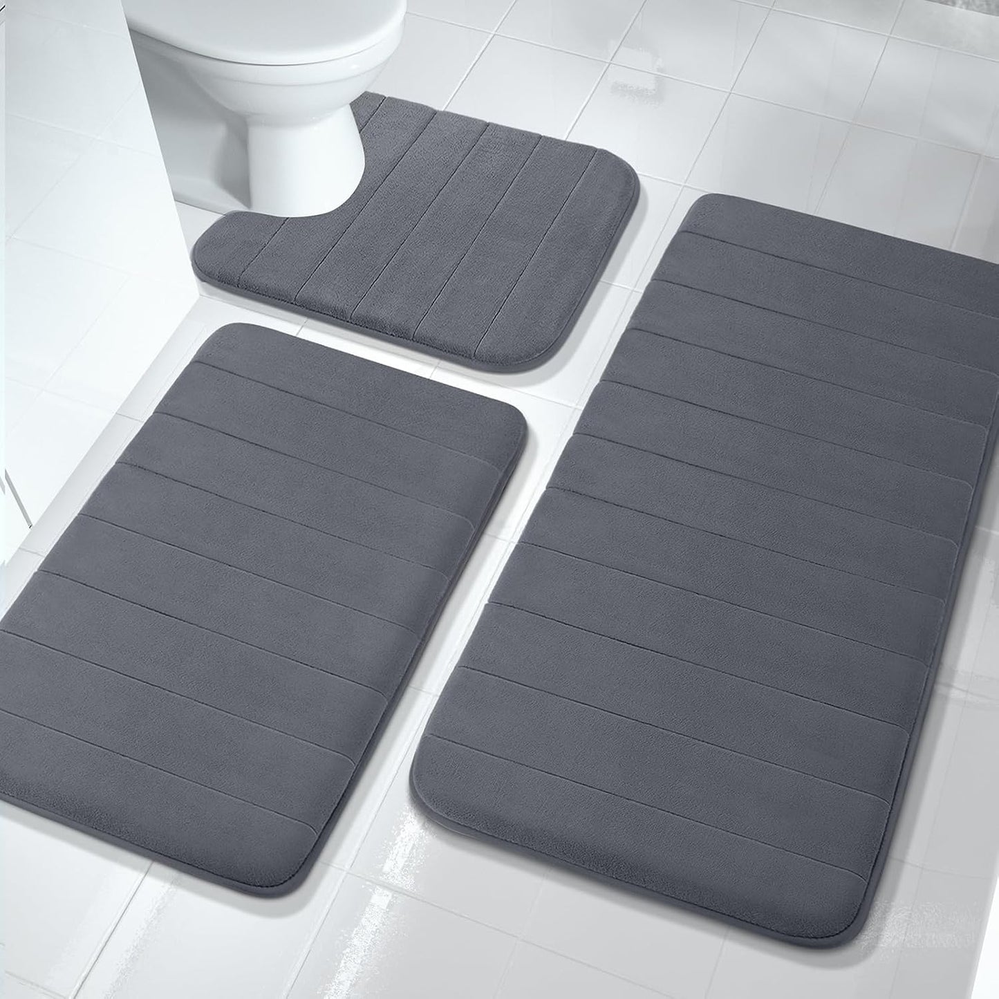 Yimobra 3 Pieces Memory Foam Bath Mat Sets, 44.1x24 + 31.5x19.8 and U-Shaped for Bathroom Rugs, Toilet Mats, Non-Slip, Soft Comfortable, Water Absorption, Machine Washable, Dark Gray