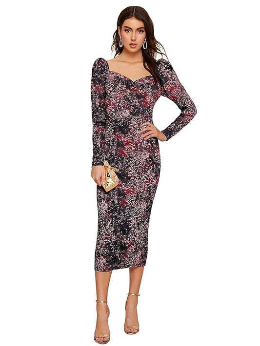 Women's Printed Midi Dress with Ruffle Sleeves