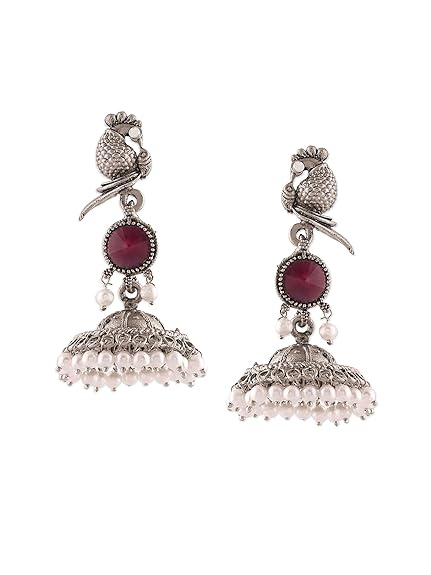 Zaveri Pearls Purple Peacock Silver Oxidised Stones & Beads Traditional Jhumki Earring For Women-ZPFK16699