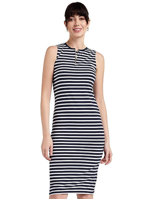 Women's Comfortable Round Neck Sleeveless Striped Midi Bodycon Dress with Zipper