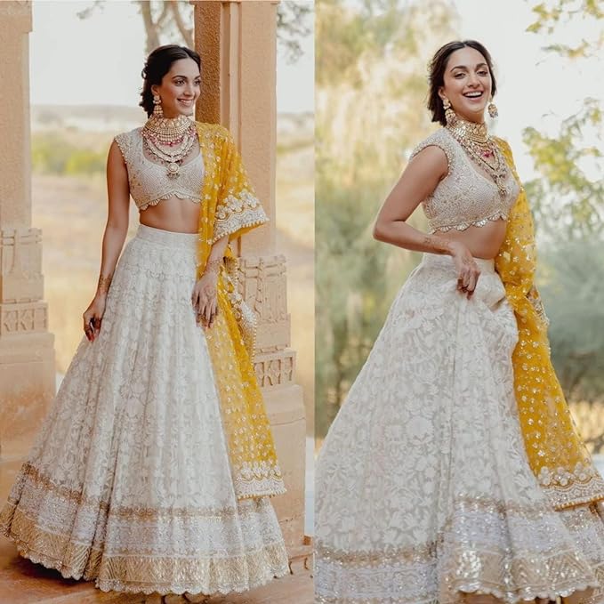 Women's Georgette Semi-Stitched Lehenga Choli White Wedding Bridal Free Size