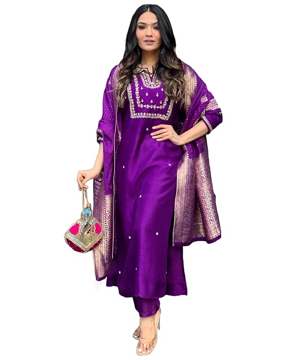 Women's Rayon Blend Straight Embroidered Kurta with Pant & Dupatta