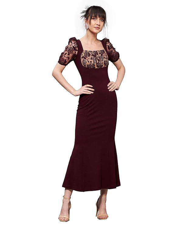 Women's Square Neck Puff Sleeve Solid Lace Overlaid Ankle Length Dress