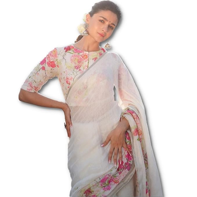 Women's Digital Floral Printed Pure Cotton Linen Saree With Unstitched Blouse Piece