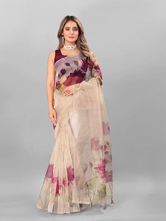 Amazon Brand - Anarva Women's Printed Organza Saree With Unstitched Blouse Piece