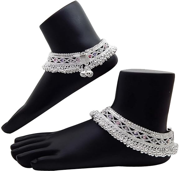 WomenSky Traditional Indian Heavy Fancy Silver Gola Payal For Women With Jhaalar | Meena Work Girls Anklets With Sound Making Ghungroo