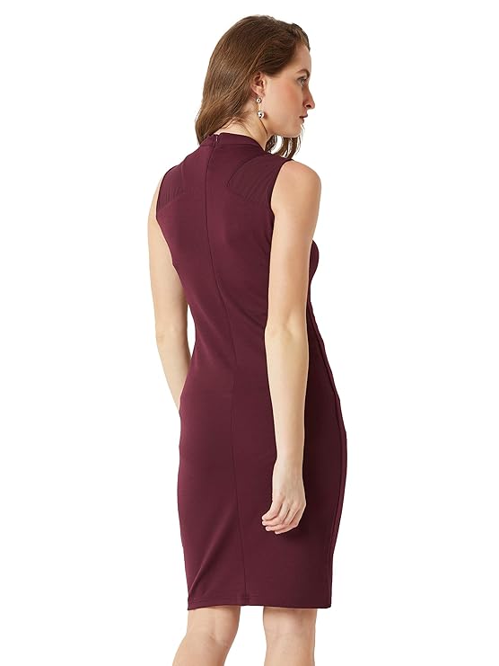 Women's Wine Red Round Neck Sleeveless Solid Semi Sheer Detailing Paneled Bodycon Knee-Long Dress