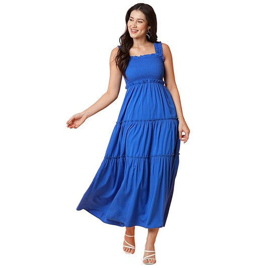 Women Square Neck Strappy Shoulder Smocked Tiered Fit & Flare Maxi Dress