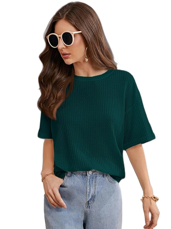 Zilcon Women Fashion Trendy Waffle(Cotton) Round Neck Top Half Sleeves Long Top for Women Formal, Casual, Office, Date, Outing, Party Tops