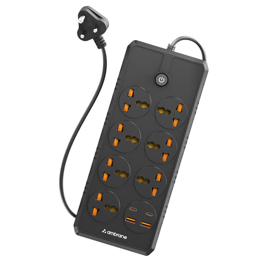 Ambrane Extension Board, 11 Ports with(2 Type C PD Ports + 7 Power Ports + 2 USB Ports) Smart Electric Surge Protector Multi Plug with 2500W, 3Mtr Cord Length, 2.1A USB Output (Smartstrip +, Black)