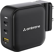 Ambrane 65W Charger Adapter, 3 Ports - 2 Type C & 1 USB for Samsung, Type C Laptops: MacBook, Dell, HP, ASUS, Fast Charger with PD Technology & GaN Technology for All Devices (RAAP G65, Black)