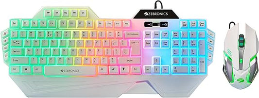 ZEBRONICS Optimus Gaming Keyboard & Mouse Combo, Braided Cable, Gold Plated USB, Upto 3600 DPI, 6 Buttons, High Resolution Sensor, Multicolor LED, Dedicated Macro Keys, 117 Keys (White)