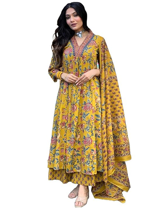 Women's Rayon Blend Anarkali Printed Kurta with Palazzo & Dupatta