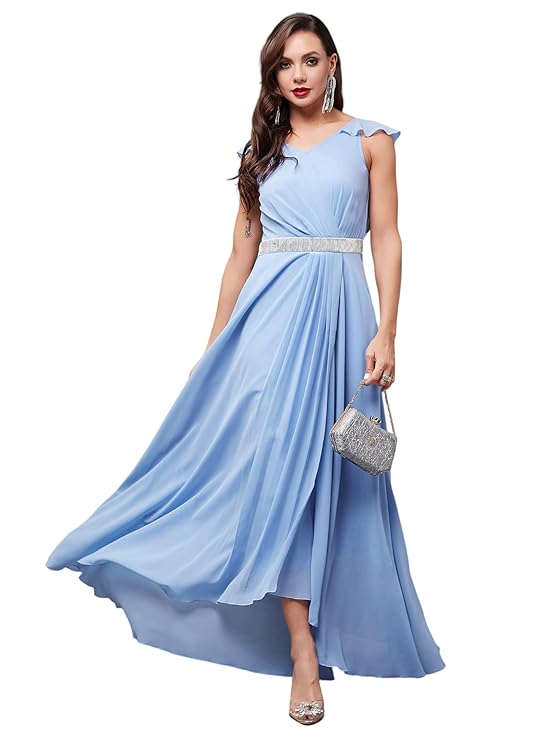 Women's V-Neck Ruffled Sleeve Solid Embellished Maxi Dress with Pockets