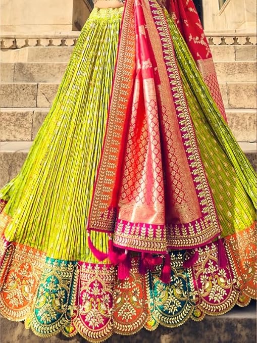 Women's New Green-Multi Heavy Embroidered Gota Pati Work Banarasi Silk Semi-Stitched Lehenga Choli