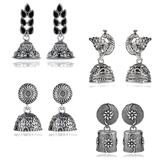 Yellow Chimes Earrings for Women & Girls | Traditional Silver Oxidised Jhumka | German Silver Oxidized Drop Earring Set | Earrings Combo | Accessories Jewellery | Birthday & Anniversary Gift