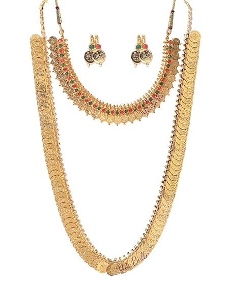 YouBella Jewellery set for women Gold Plated Long Traditional Coin Necklace set and Red Green Choker necklace Jewellery Set with Earrings for Girls and Women