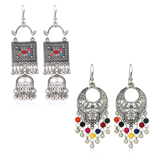 Yellow Chimes Earrings for Women & Girls | Traditional Silver Oxidised Jhumka Set | German Silver Jhumka Combo | Chand Baliyan & Jhumkas Earrings | Birthday & Anniversary Gift