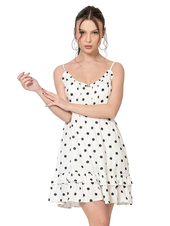 Women's Fit and Flare Polka Dot V Neck Sleeveless Shoulder Strap Dress for Women's