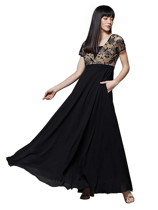 Women's Black Square Neck Short Sleeve Self Design Lace Overlaid Georgette Maxi Dress