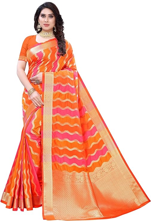 Women's Kanjivaram Banarsi Silk Saree Soft Banarasi Sari With Blouse Piece for women party wear and wedding collection saree latest design For All Indian Occasions and Festivals Colour Pink Orange