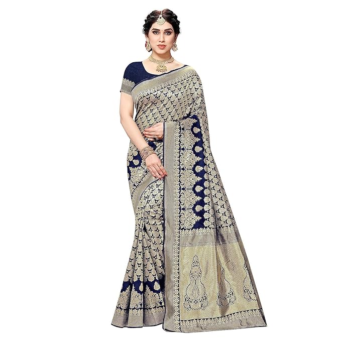 Yashika Women's Trendy Banarasi Kanjivaram Navy Color Art Silk Saree with Blouse Material