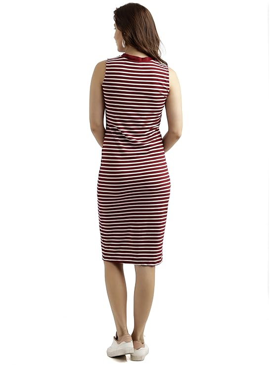 Women's Comfortable Round Neck Sleeveless Striped Midi Bodycon Dress with Zipper