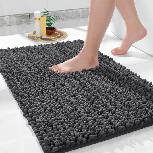 Yimobra Chenille Luxury Bathroom Rug Mat 24X17, Extra Soft & Absorbent Bath Rugs, Non-Slip Plush Shaggy Carpet, Machine Wash Dry, Mats For Floor, Tub And Shower, Dark Gray, Rectangular