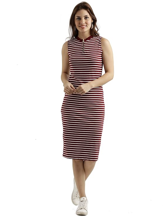 Women's Comfortable Round Neck Sleeveless Striped Midi Bodycon Dress with Zipper