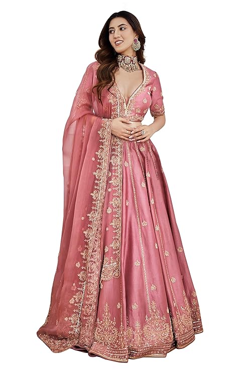 Women's Embroidery Sequence Work Semi-Stitched Bridal Lehenga Choli with Dupatta For Women(New-Bridal-Latest-Wedding-Lehenga-Free size)