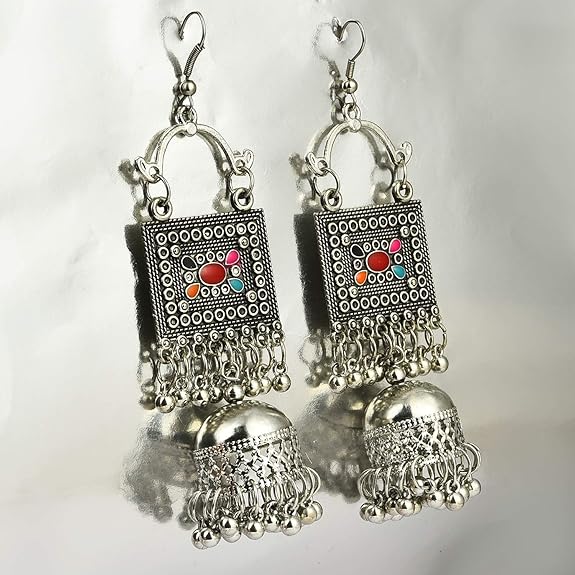 Yellow Chimes Earrings for Women & Girls | Traditional Silver Oxidised Jhumka Set | German Silver Jhumka Combo | Chand Baliyan & Jhumkas Earrings | Birthday & Anniversary Gift