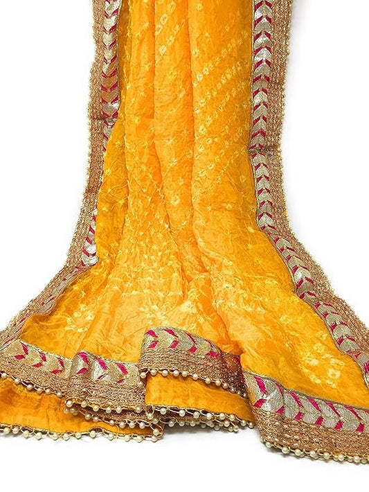 Women's Art Silk Bandhani Work Chunni, Gotta Patti Work Dupatta (Yellow, Free Size)