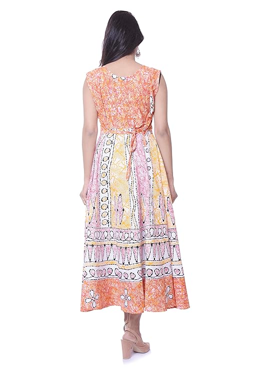 Women's Cotton Rajasthani Jaipuri Traditional Floral Printed Long midi one Piece Dress