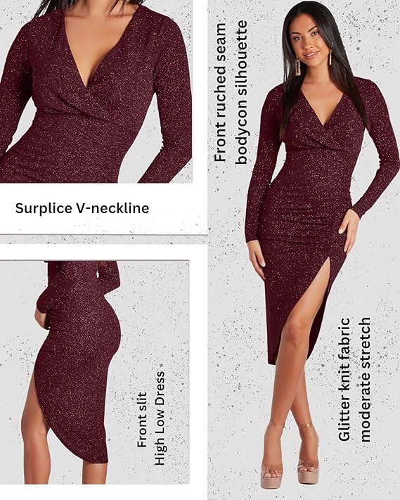 ADDYVERO V-Neck Long Sleeve Lurex Gliter Solid Front Slit Front Ruched Seam Bodycon Above Knee Length Women Dress