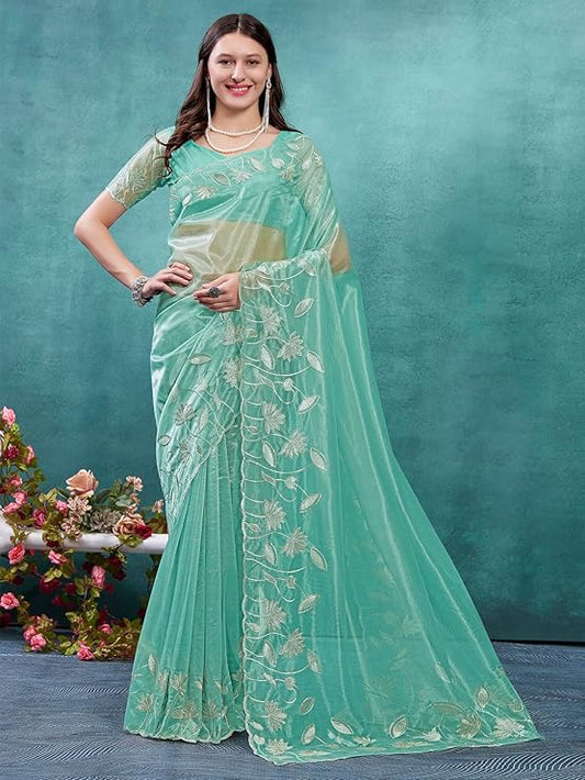 AKHILAM Women's Organza Embroidered Saree With Unstitched Blouse (ANGEL6001_AG_Parent)