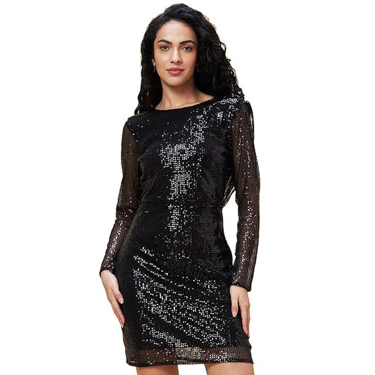 Women Sequinned Twisted Details Sheath Full Sleeves Knee Length Bodycon Party Dress