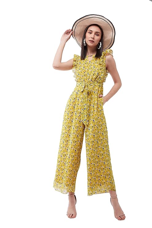 Women's Round Neck Sleeveless Floral Wide Leg Jumpsuit with Pockets