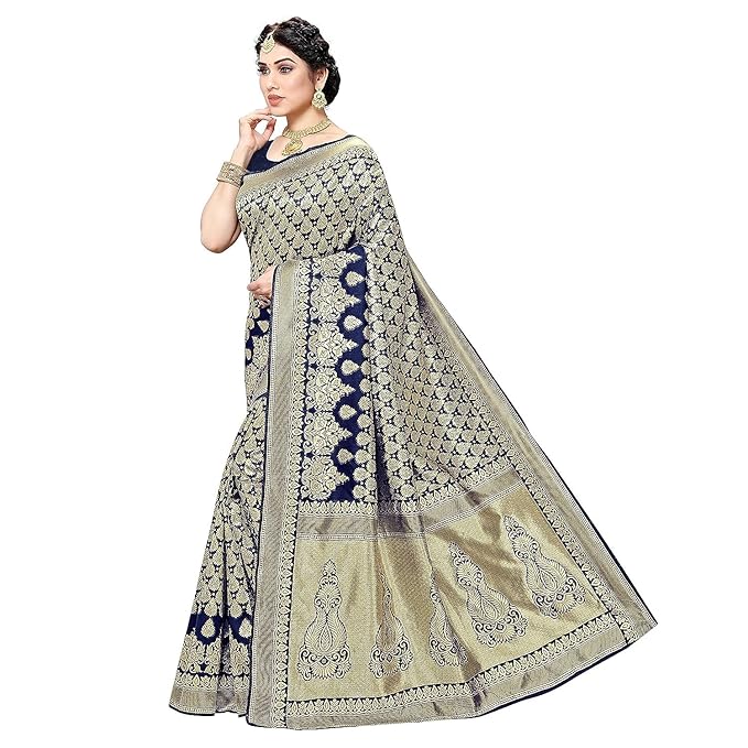 Yashika Women's Trendy Banarasi Kanjivaram Navy Color Art Silk Saree with Blouse Material