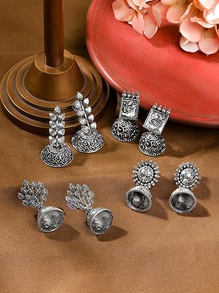 Yellow Chimes Silver Oxidised Jhumka Earring For Women | Combo of 4 Pairs Traditional Oxidised Silver Jhumki Earrings Set | Eternal Elegance | Birthday Gift For Girls & Women Anniversary Gift for Wife