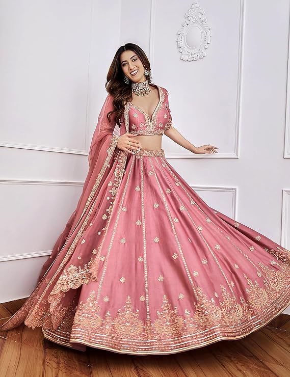 Women's Embroidery Sequence Work Semi-Stitched Bridal Lehenga Choli with Dupatta For Women(New-Bridal-Latest-Wedding-Lehenga-Free size)