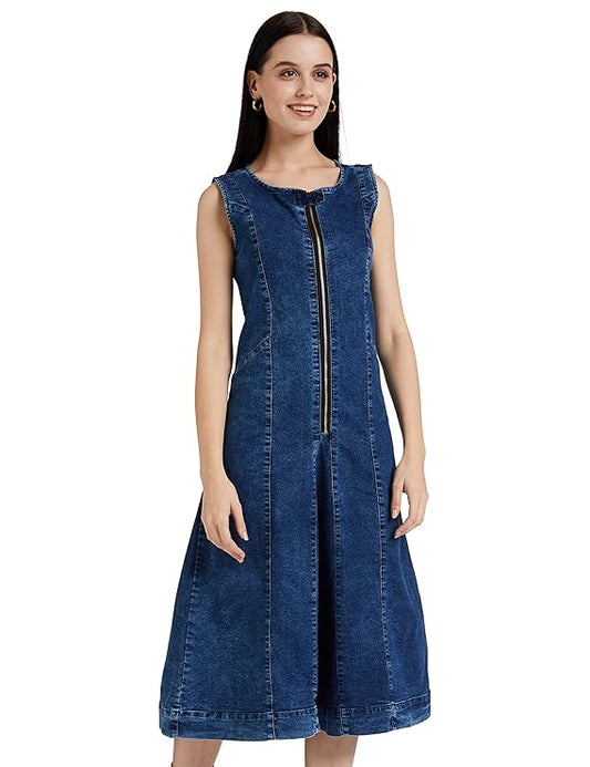 Women's Denim A-line One Piece Midi Length Dress