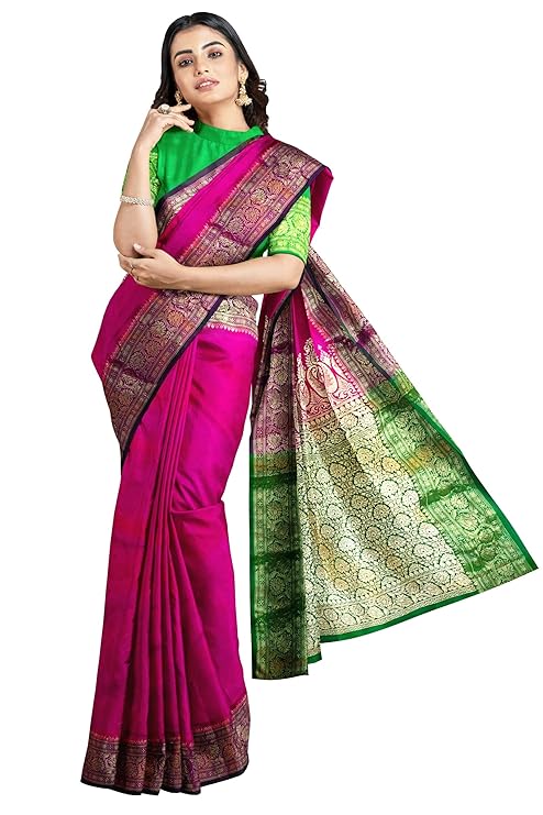 Women's Banarasi Kanjivaram Silk Zari Woven Wedding Collections Rani Pink Color Sarees and Plain Blouse Piece for Party