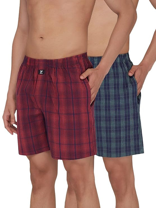 XYXX Men's Checkmate Super Combed Cotton Regular Fit Boxer Shorts with No Marks Waistband & Dual Side Pocket (Pack of 2)