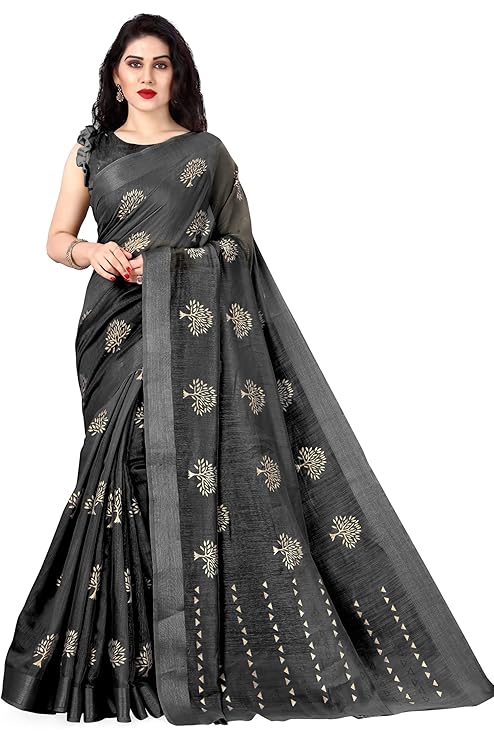 Women's Cotton Blend Mix 2-Tone Foil Printed Saree with Blouse Piece