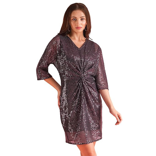 Women Sequinned Twisted Details Sheath Full Sleeves Knee Length Bodycon Party Dress