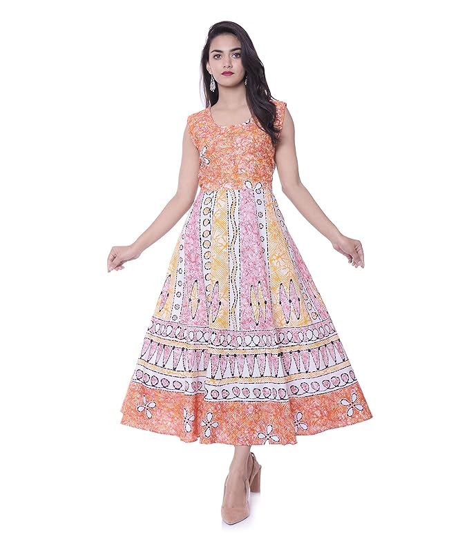 Women's Cotton Rajasthani Jaipuri Traditional Floral Printed Long midi one Piece Dress