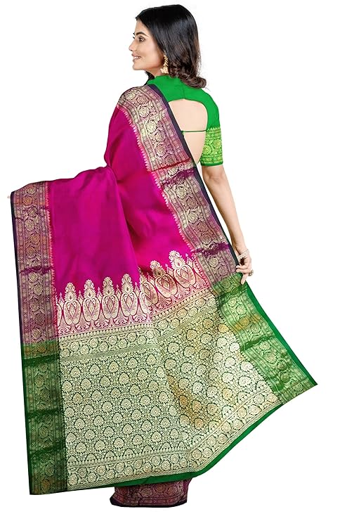 Women's Banarasi Kanjivaram Silk Zari Woven Wedding Collections Rani Pink Color Sarees and Plain Blouse Piece for Party